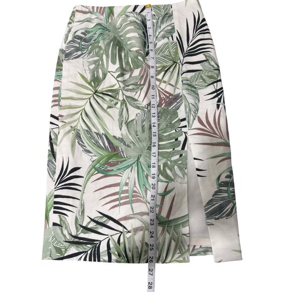 Worth New York Pencil Skirt Front Slit Tropical Print Green White Linen Size 0 - Picture 5 of 10